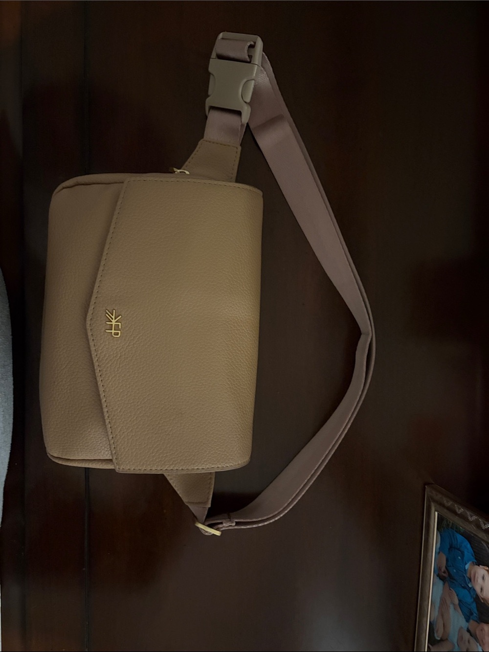 Freshly Picked Taupe Crossbody Belt Bag with Gold Logo